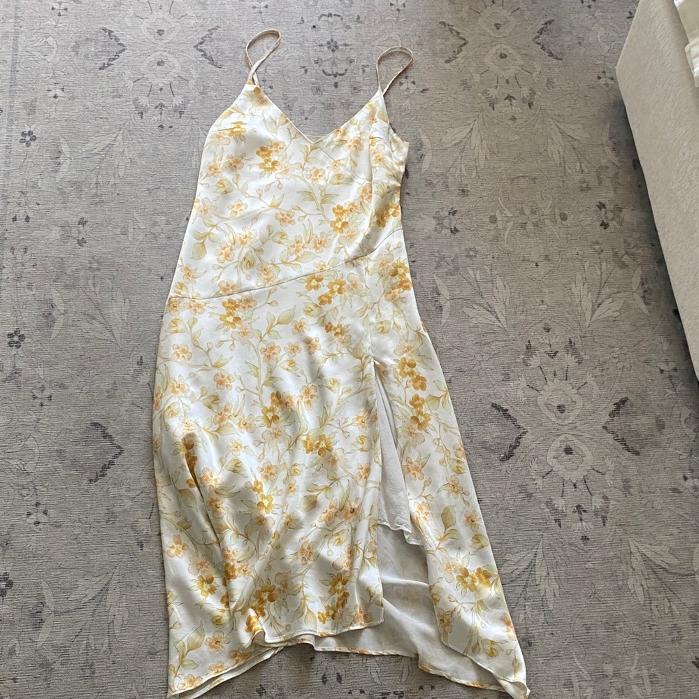 Yellow Floral Slip Midi Dress with Side Slit – Size US 8